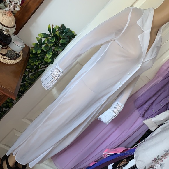 Y2K White sheer flapper fringe sexy maxi duster cardigan club coat jacket S - Picture 9 of 14